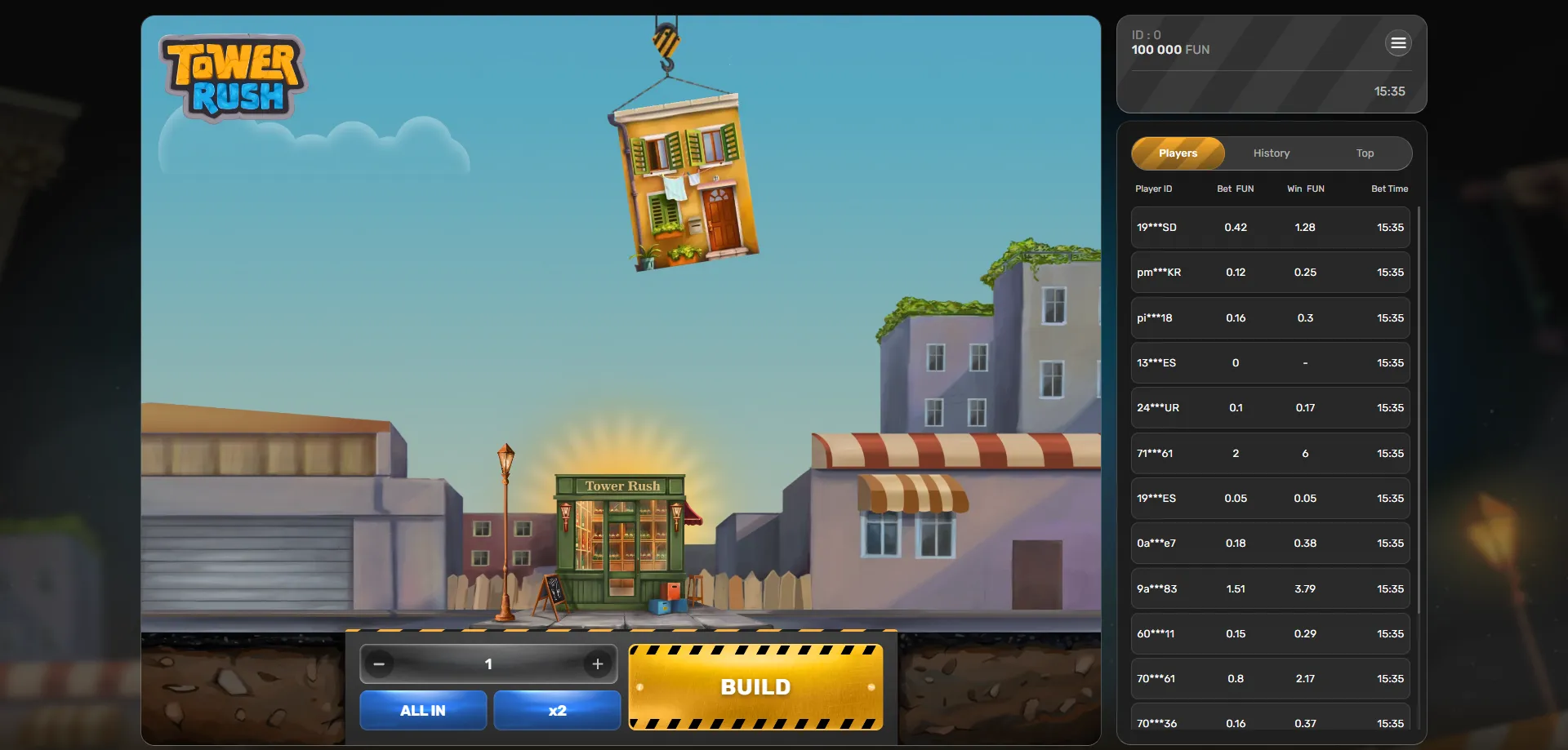 Tower Rush casino game overview — tower building crash game by Galaxsys