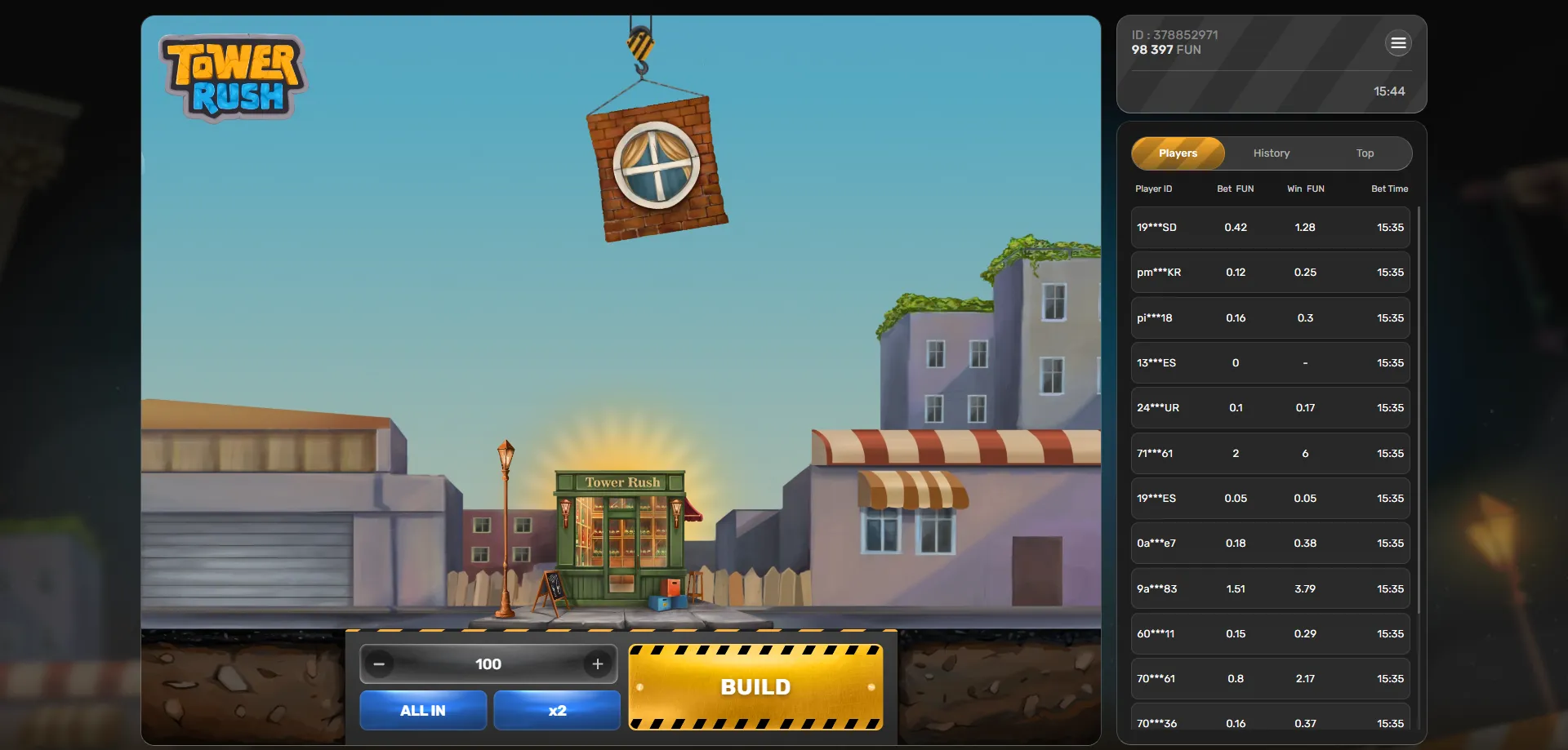 Tower Rush crash game mechanics — stack floors and win big
